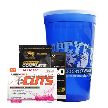 Popeye's Supplements Cup & Lid + 3 Assorted Samples Pack