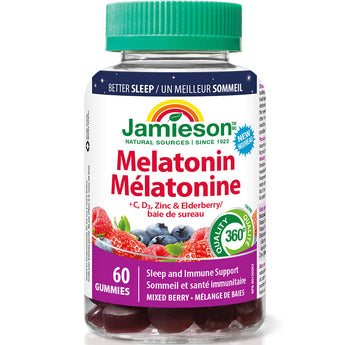 Jamieson Melatonin + C,D3,Zinc & Elberberry - 60 Gummies - Mixed Berry